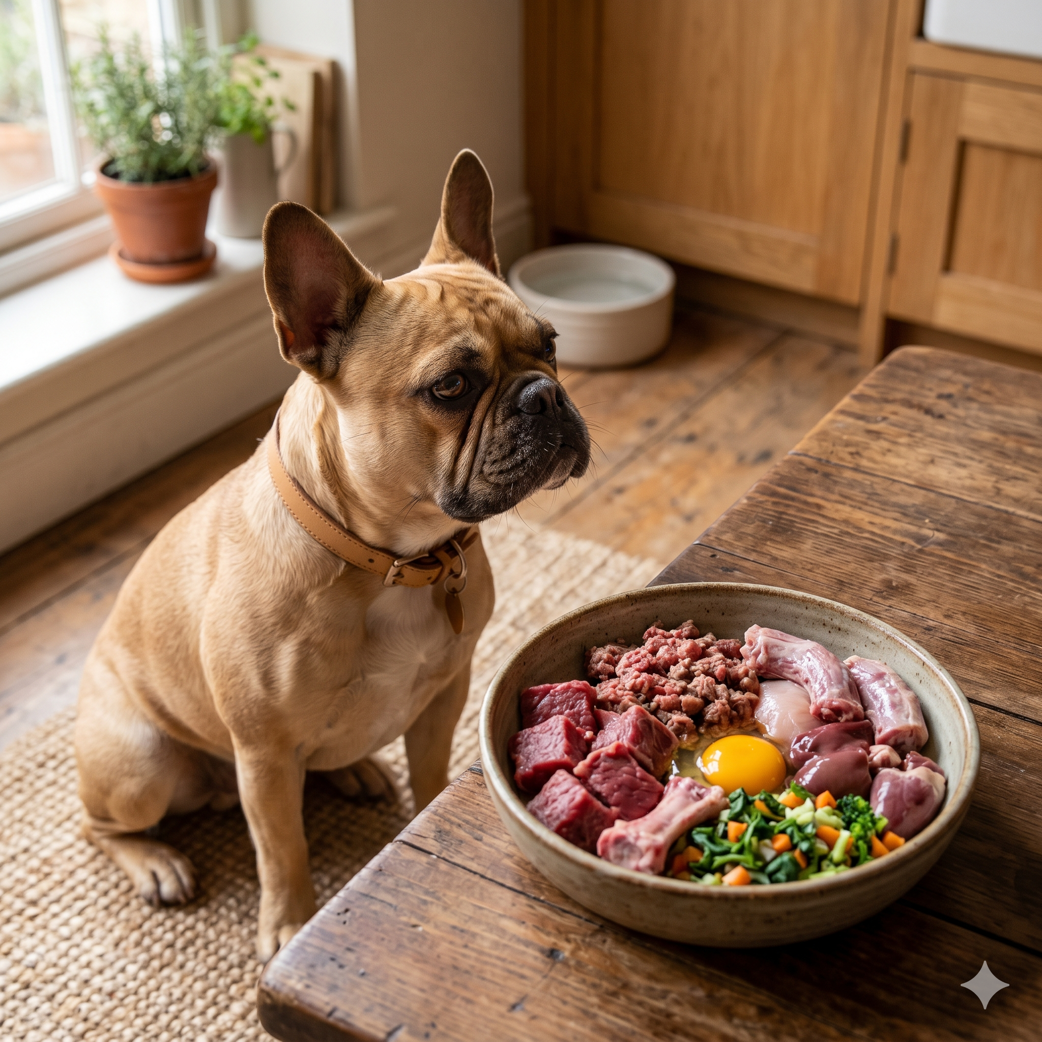 A fawn-colored French Bulldog sits on a rug in a home kitchen, eagerly looking into a rustic bowl filled with a variety of raw food components, including chunks of raw meat, ground beef, chicken necks, organ meat, raw egg yolk, and vegetables.