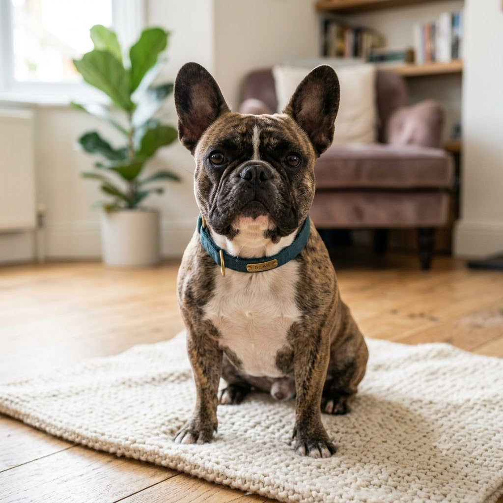 A full-body photograph of a brindle French Bulldog sitting upright on a white textured rug in a well-lit living room.