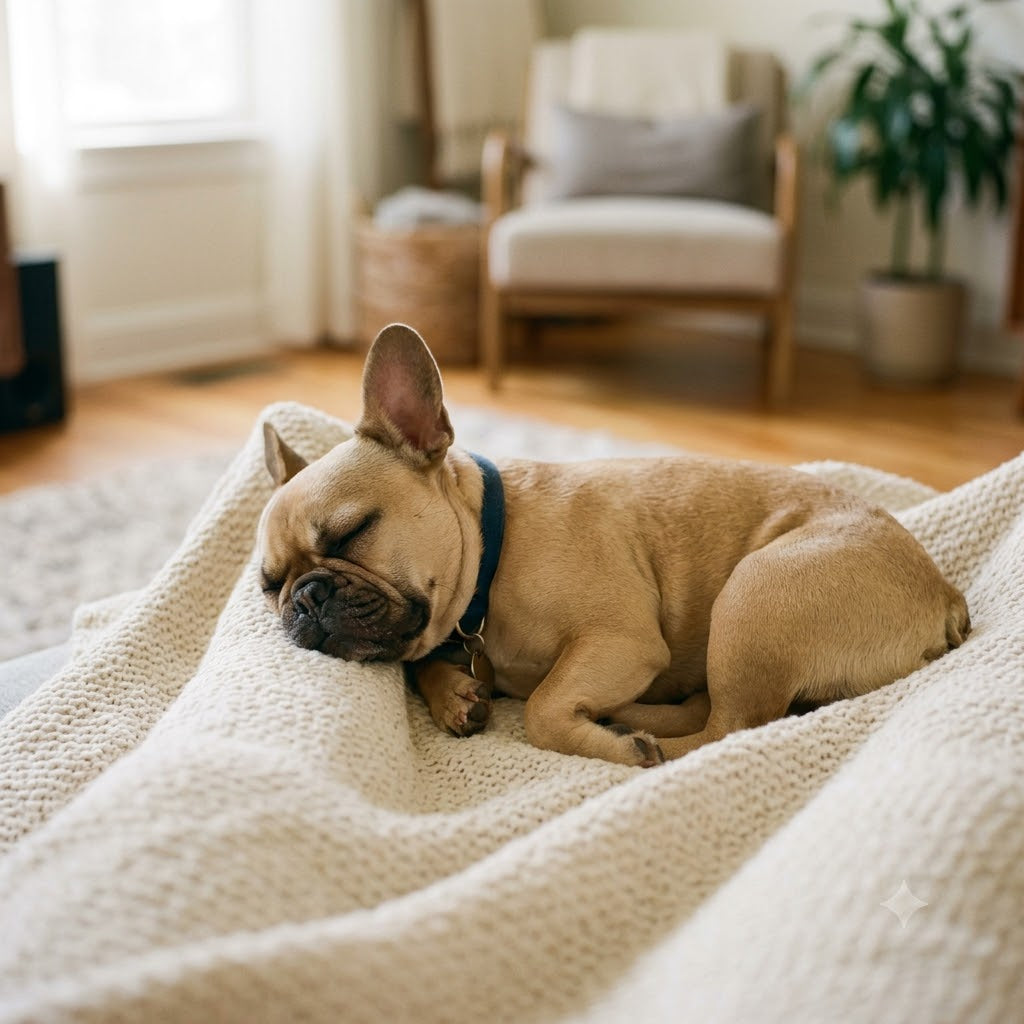A fawn French Bulldog wearing a dark blue collar sleeps peacefully, curled up on a thick, textured cream-colored blanket.