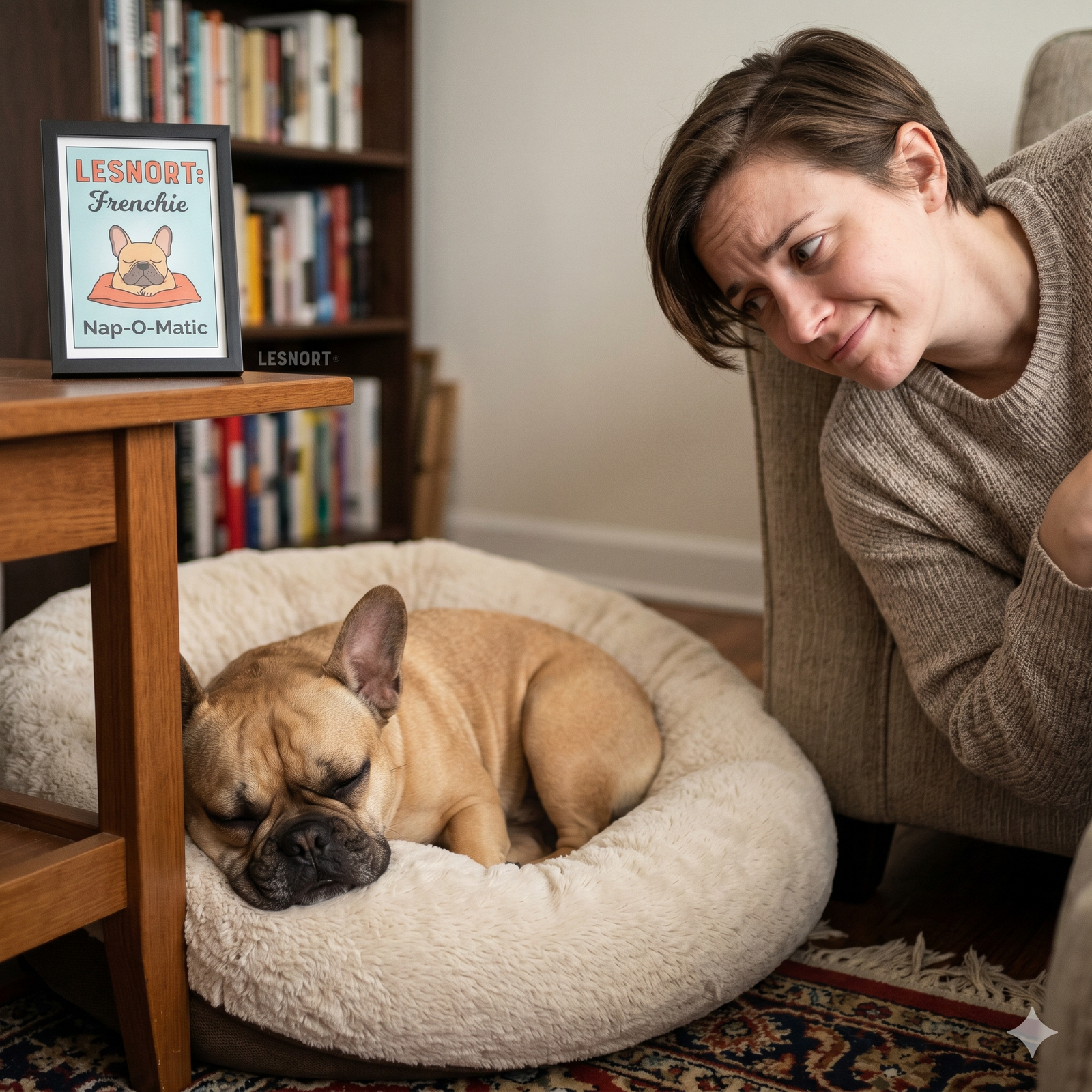 A fawn French Bulldog sleeps soundly in a plush round dog bed on the floor. Its owner leans over the arm of a nearby couch, looking down at the sleeping dog with a quizzical, amused expression.