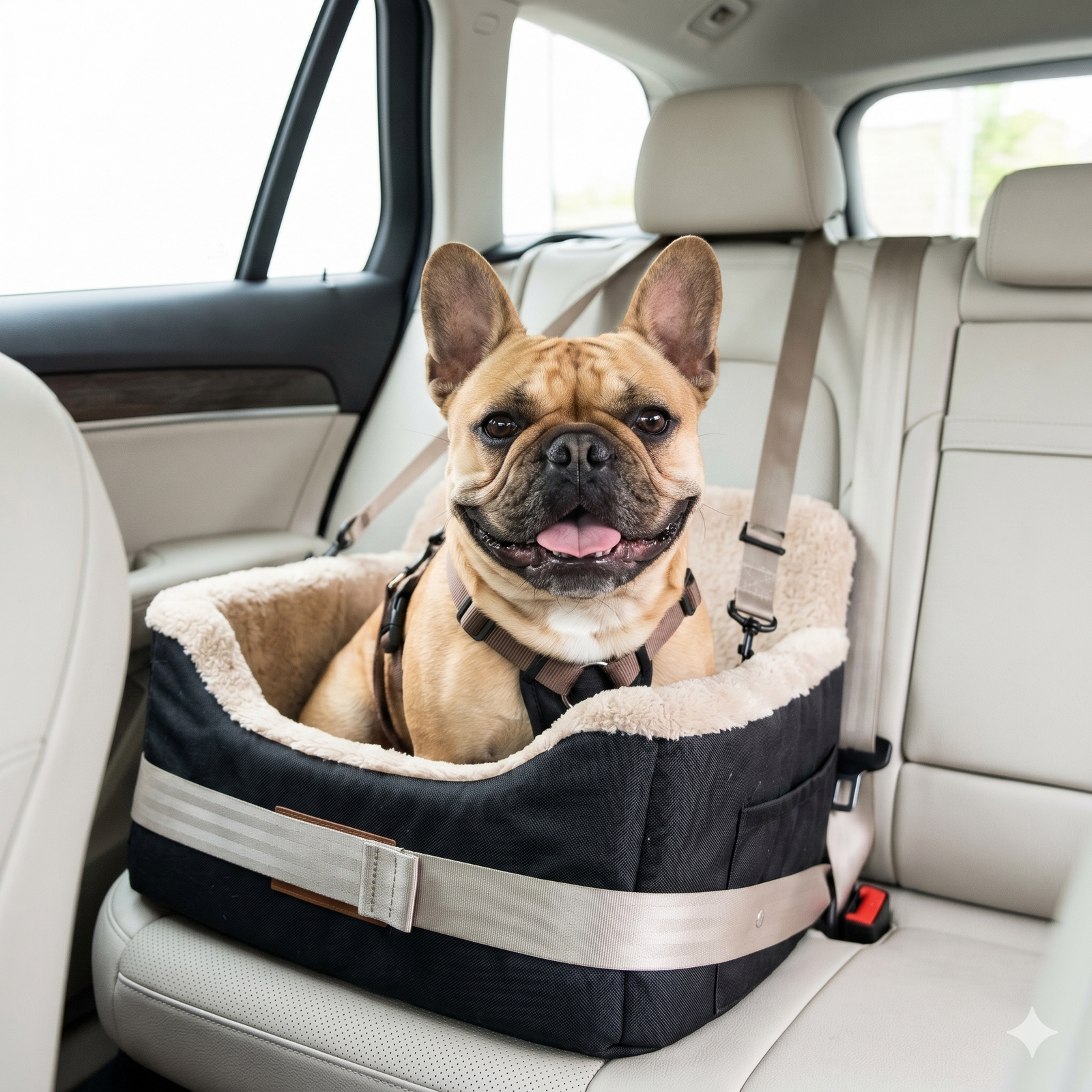 A close-up, 1:1 square photo of a happy French Bulldog with a wide smile, comfortably secured in a plush, grey car dog seat. The bulldog is looking directly at the camera.