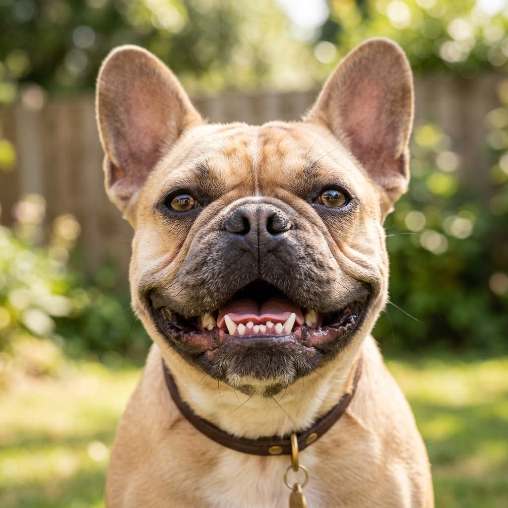 A happy, fawn-colored French Bulldog panting and smiling at the camera, showing a row of clean, naturally white teeth.