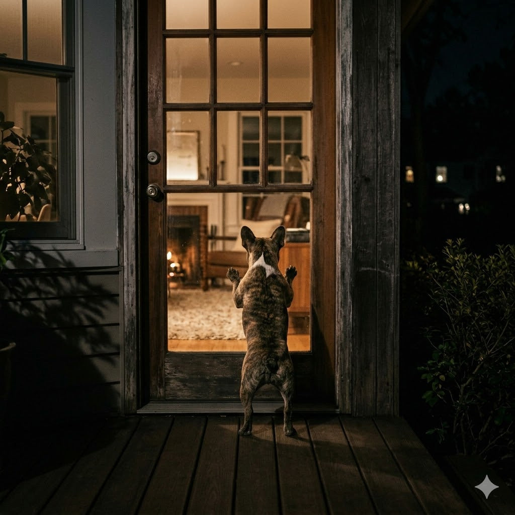On a dark wooden deck, a lone, brindle-colored French Bulldog is standing upright on its hind legs, its small front paws pressed against the multi-pane glass panels of a large wooden-framed glass door.
