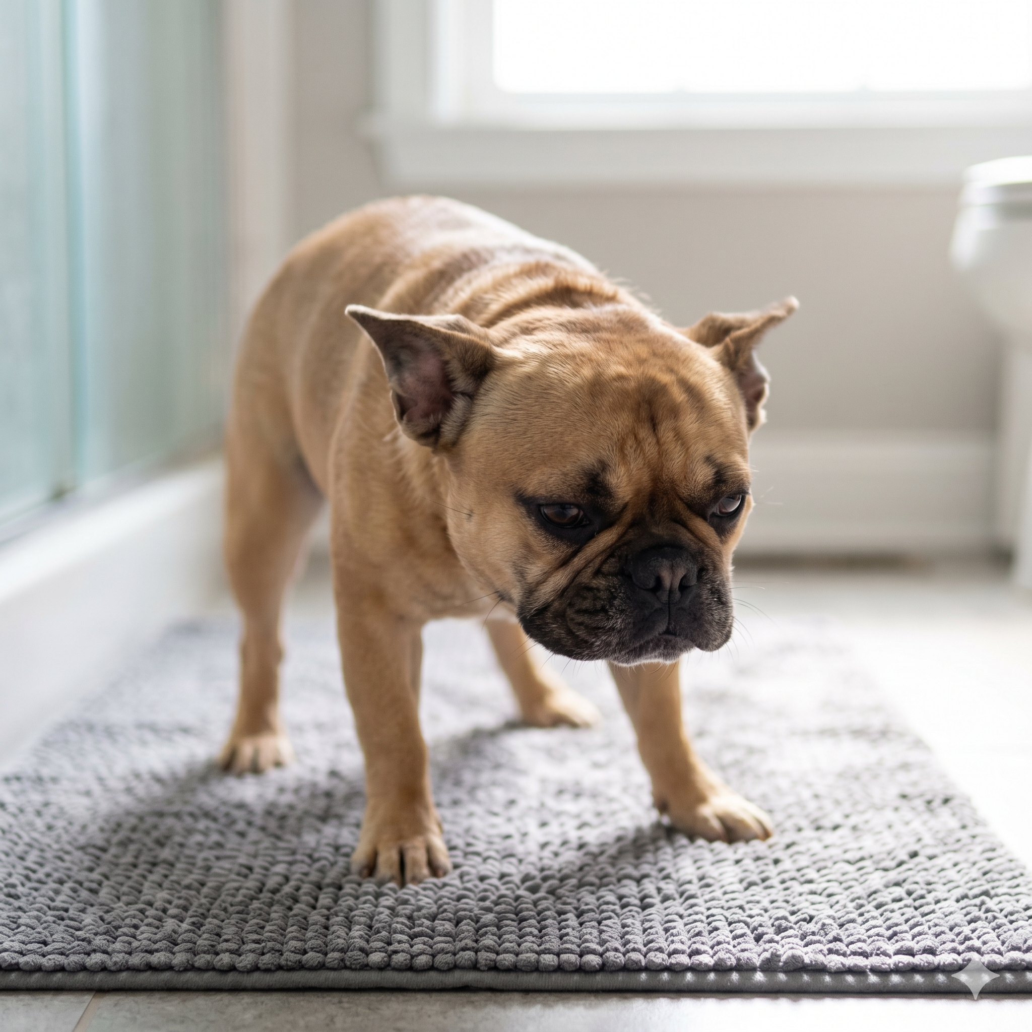 A 1:1 square photo of a worried-looking French Bulldog, with its body tensed and tensed ears, shaking its body while standing on a gray rug in a house. The image is taken at eye level, showing the dog's trembling.