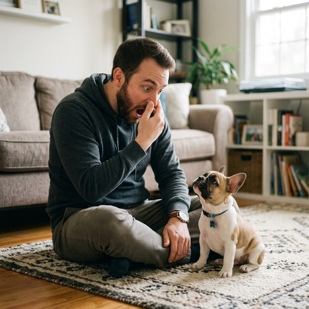 A man in a dark grey hoodie and brown pants is sitting cross-legged on a patterned rug. He has a shocked, surprised, and slightly repulsed expression