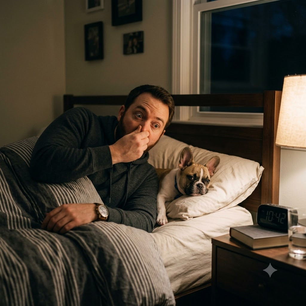 A 1:1 square photograph captures a man and his fawn and white French Bulldog puppy (matching the pet in the previous image) in a dark bedroom at night.