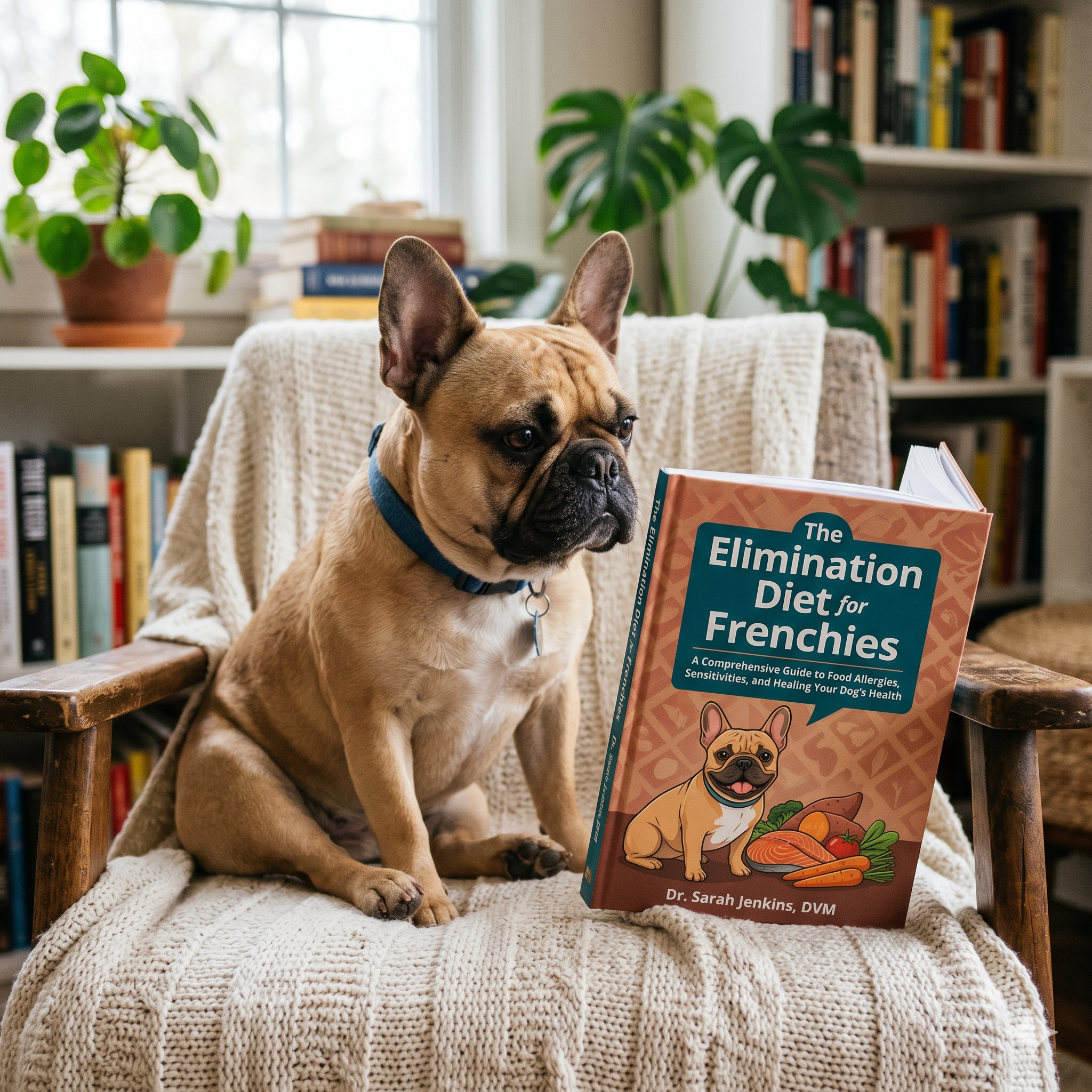A charming square photograph of a fawn French Bulldog sitting comfortably on a knit blanket in a cozy living room, looking curiously down at a book titled "The Elimination Diet for Frenchies" resting in front of it.