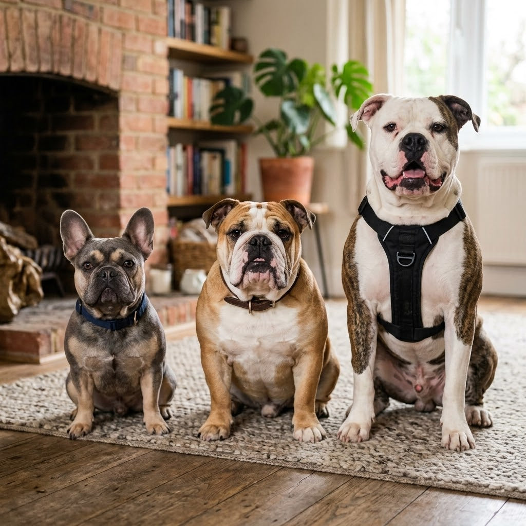 A full shot of three different bulldog breeds sitting side-by-side on a woven rug in a rustic living room.