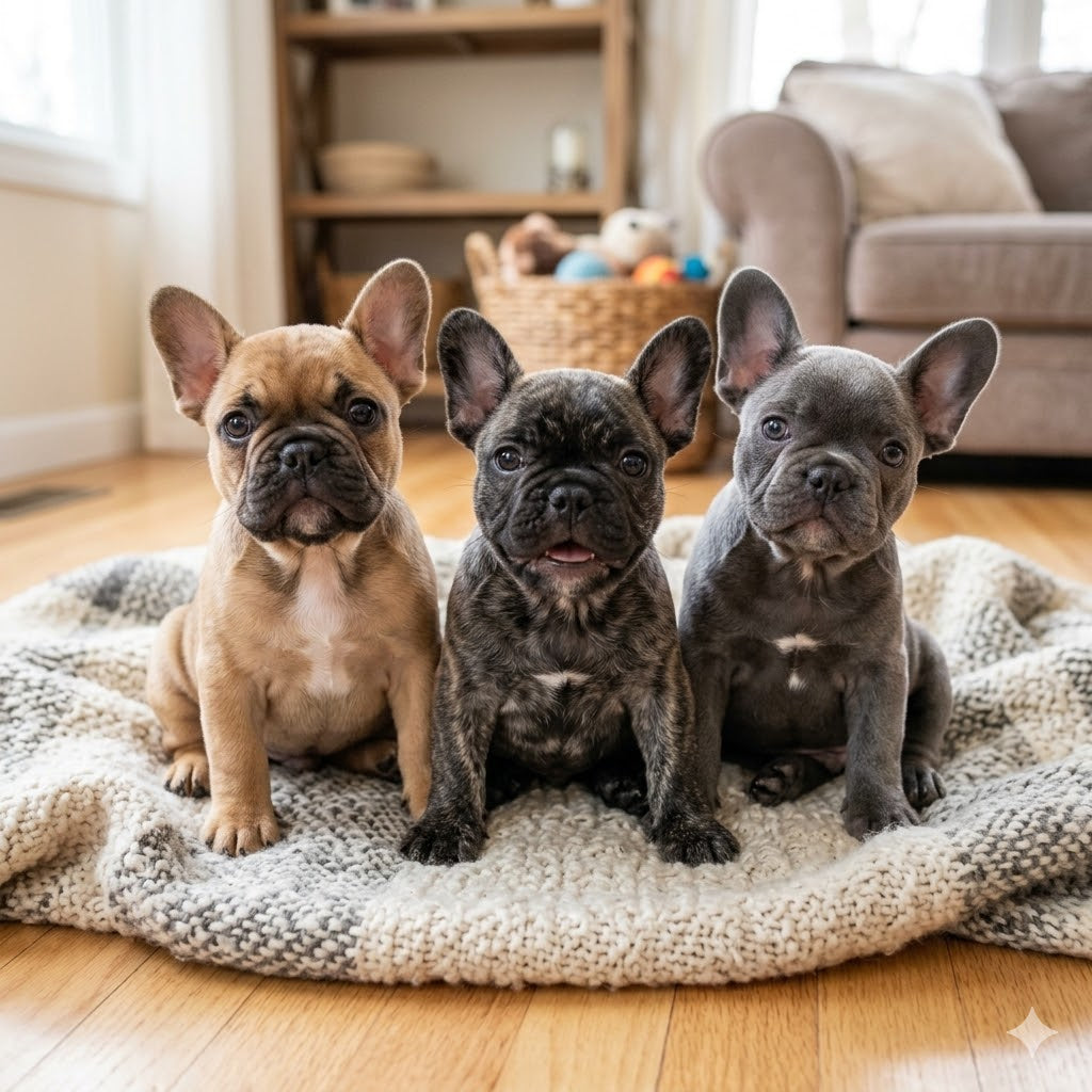 A row of three French Bulldog puppies—one fawn, one brindle, and one blue—sits close together on a grey and white chunky knit blanket.