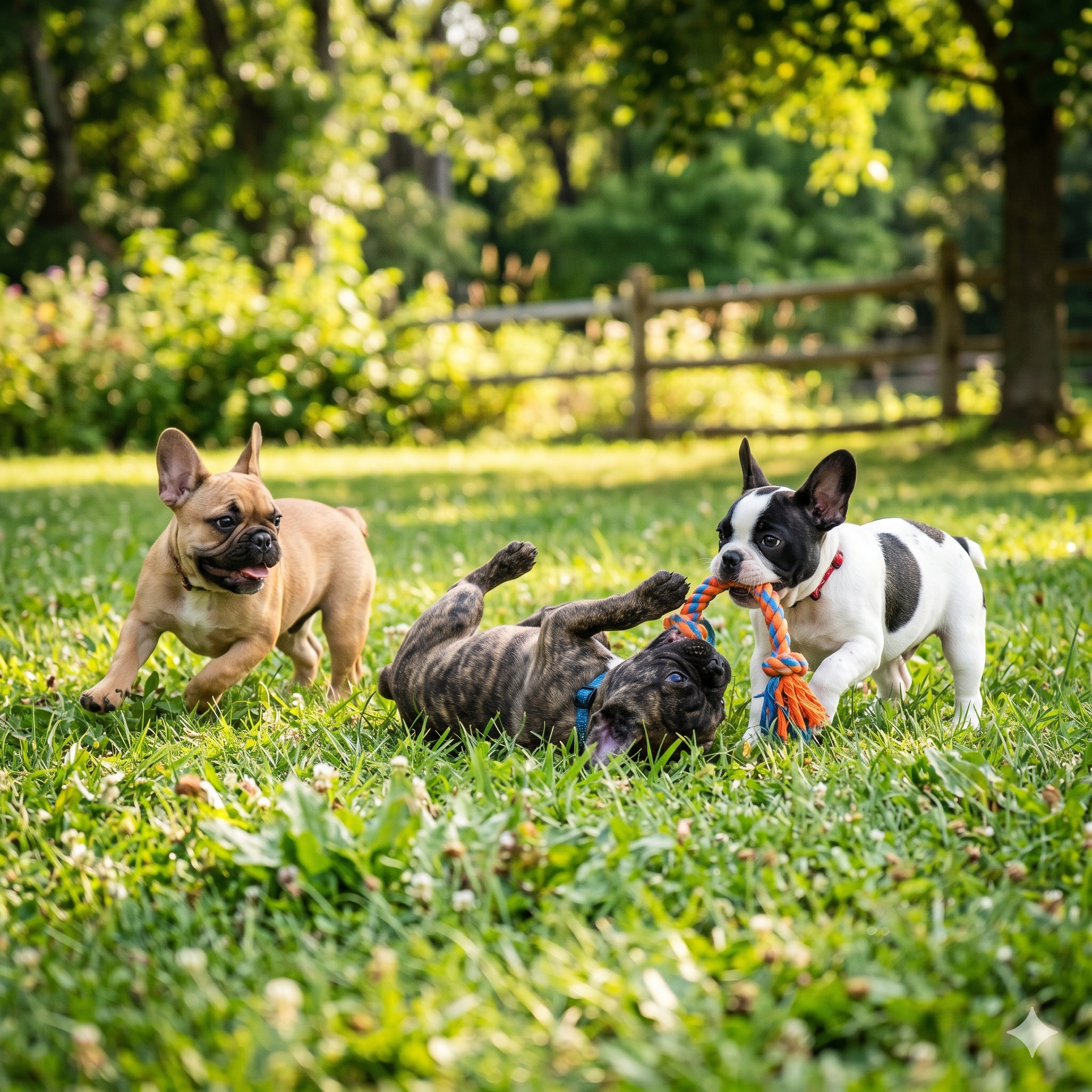 Three happy French Bulldog puppies (fawn, brindle, and pied) playfully running and wrestling together on a green grassy lawn in a park under warm daylight. The puppies, about 18 weeks old, are active and having fun.