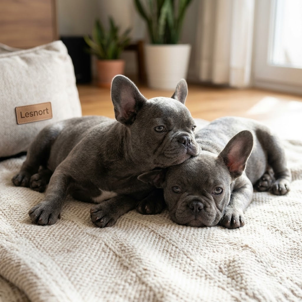 A 1:1 square photograph captures two rare blue French Bulldog puppies, with grayish-blue coats and distinct features, lying together peacefully and cuddling on a soft, textured cream-colored woven blanket inside a cozy living room.