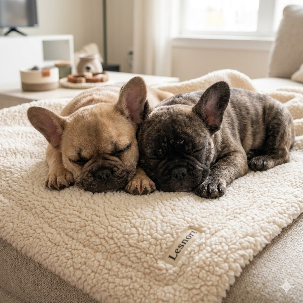 A 1:1 square photograph captures two deeply sleeping fluffy French Bulldog puppies—one fawn and one brindle—nestled together on a plush, cream-colored textured blanket in a cozy, sunlit living room.