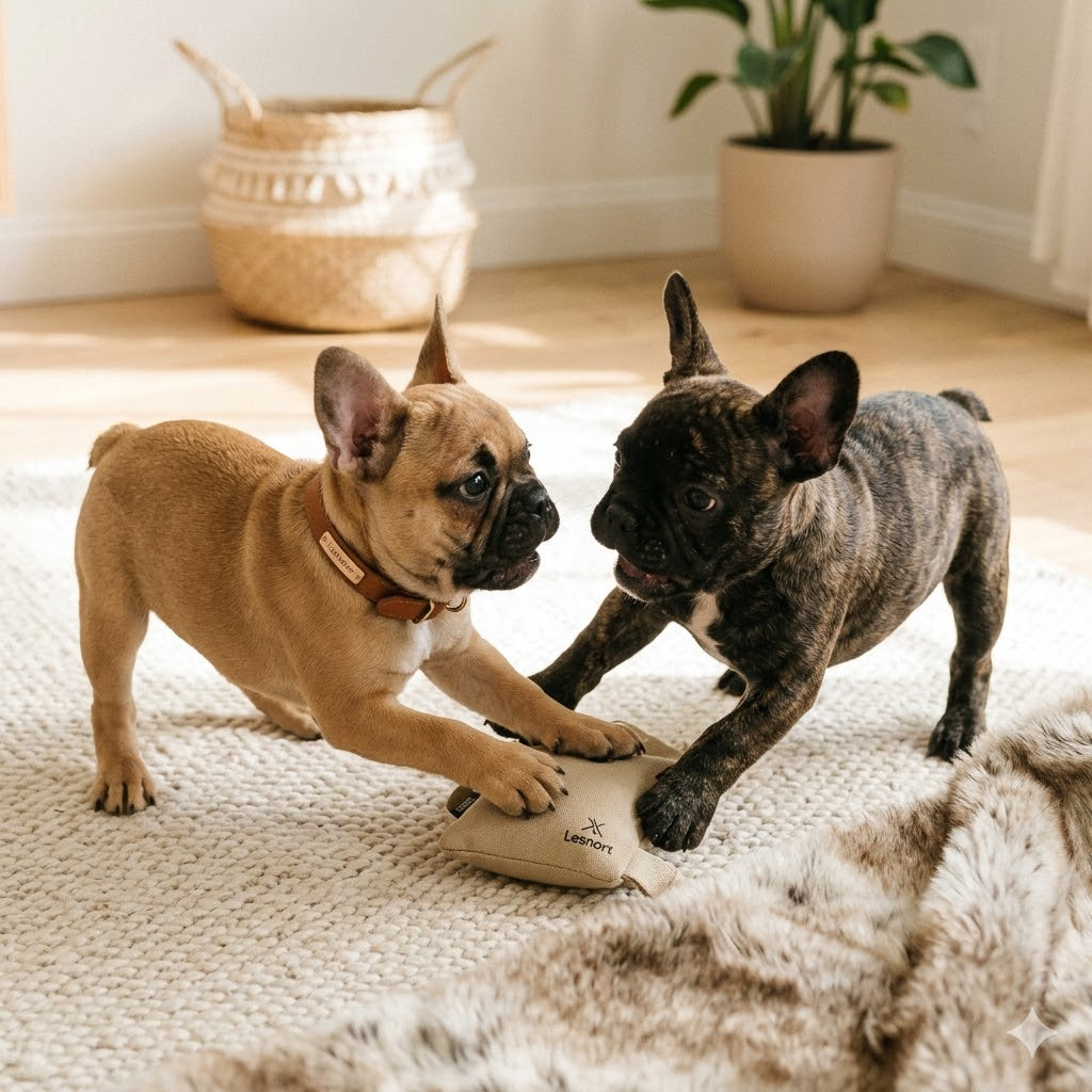 A high-quality, square (1:1) photograph of two lively French Bulldog puppies, one fawn and one brindle, playfully tumbling and interacting with a branded canvas toy on a textured cream rug in a cozy, sunlit living room.