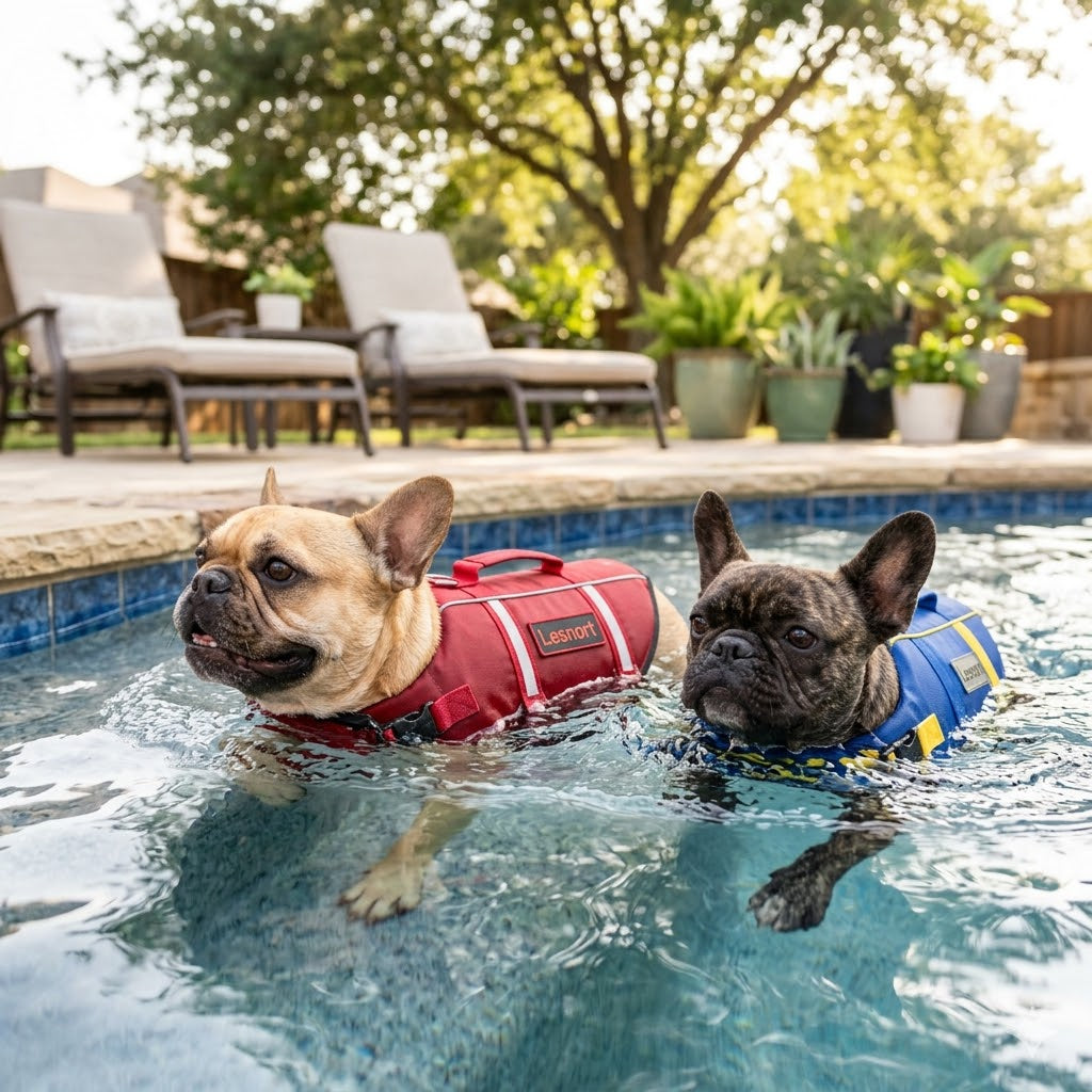 A 1:1 photograph in natural daylight captures two French Bulldogs swimming in a clear blue pool. A fawn French Bulldog in a red life vest leads, looking forward.