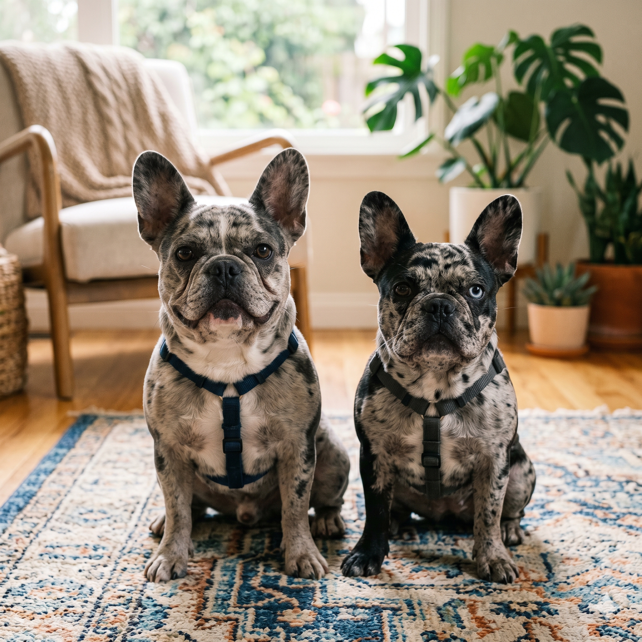 wo merle French Bulldogs sitting side-by-side on a patterned area rug in a brightly lit living room. 