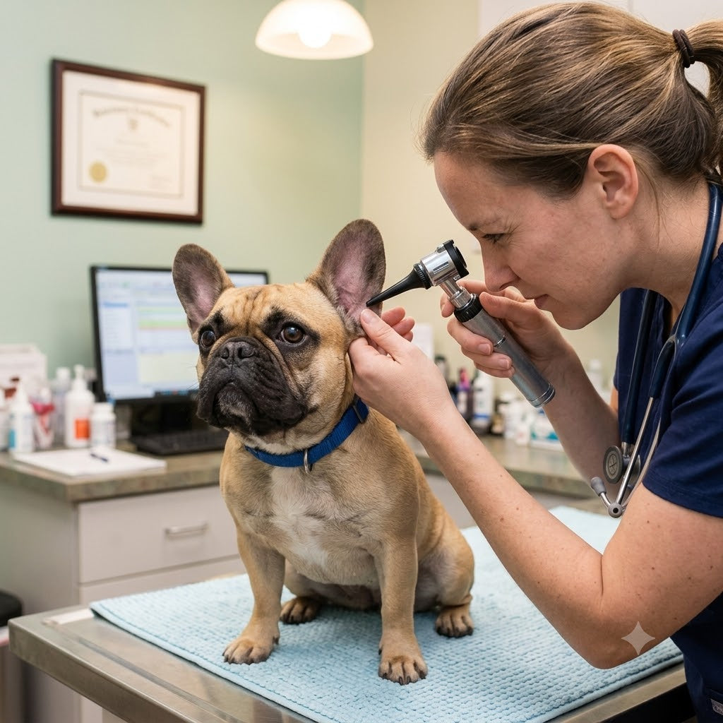 A veterinarian in blue scrubs uses an otoscope to examine the inner ear of a fawn-colored French Bulldog with a black mask,