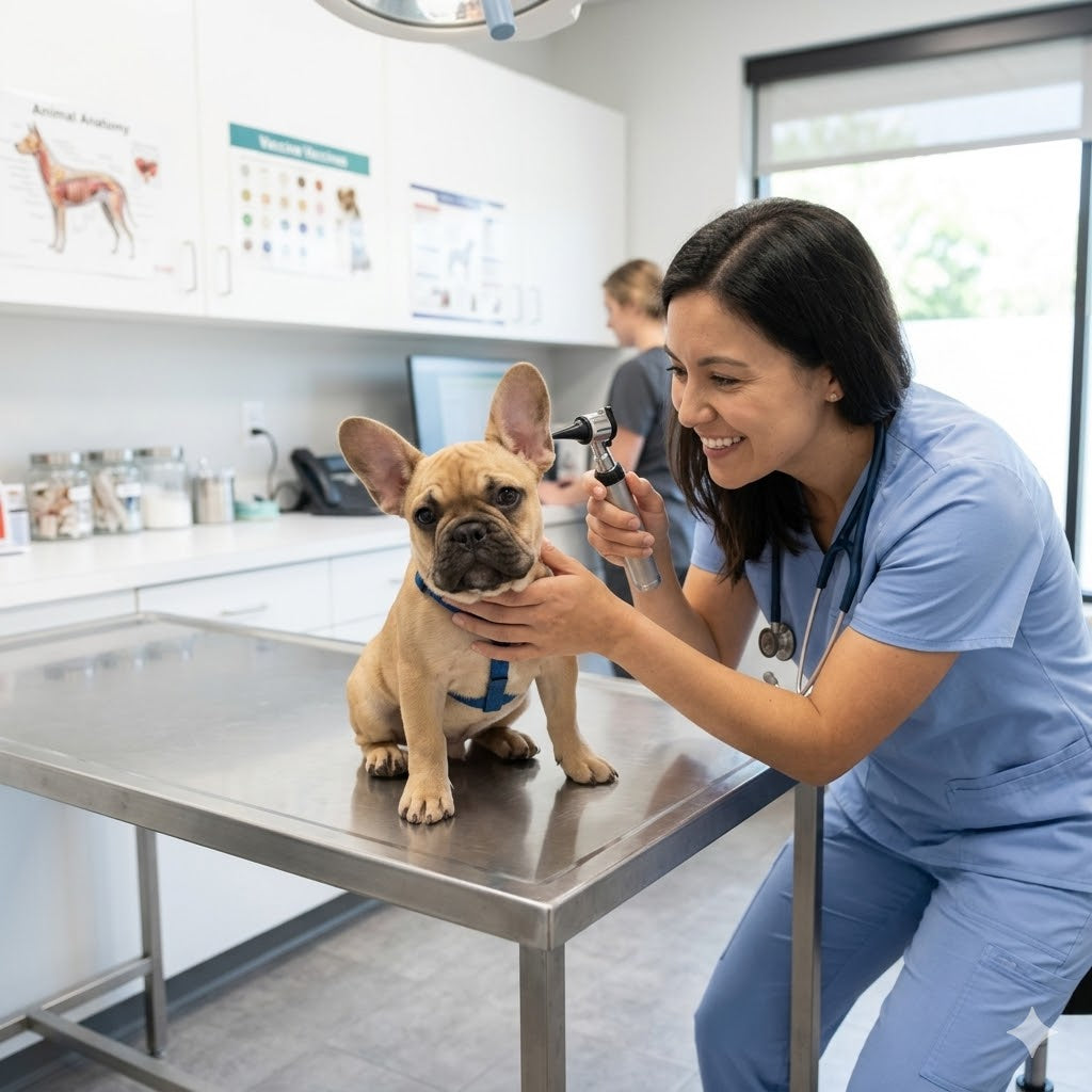 A smiling veterinarian in blue scrubs examines a fawn French Bulldog puppy's ear with an otoscope on a metal exam table in a modern veterinary clinic, with medical charts and another person in the blurred background.