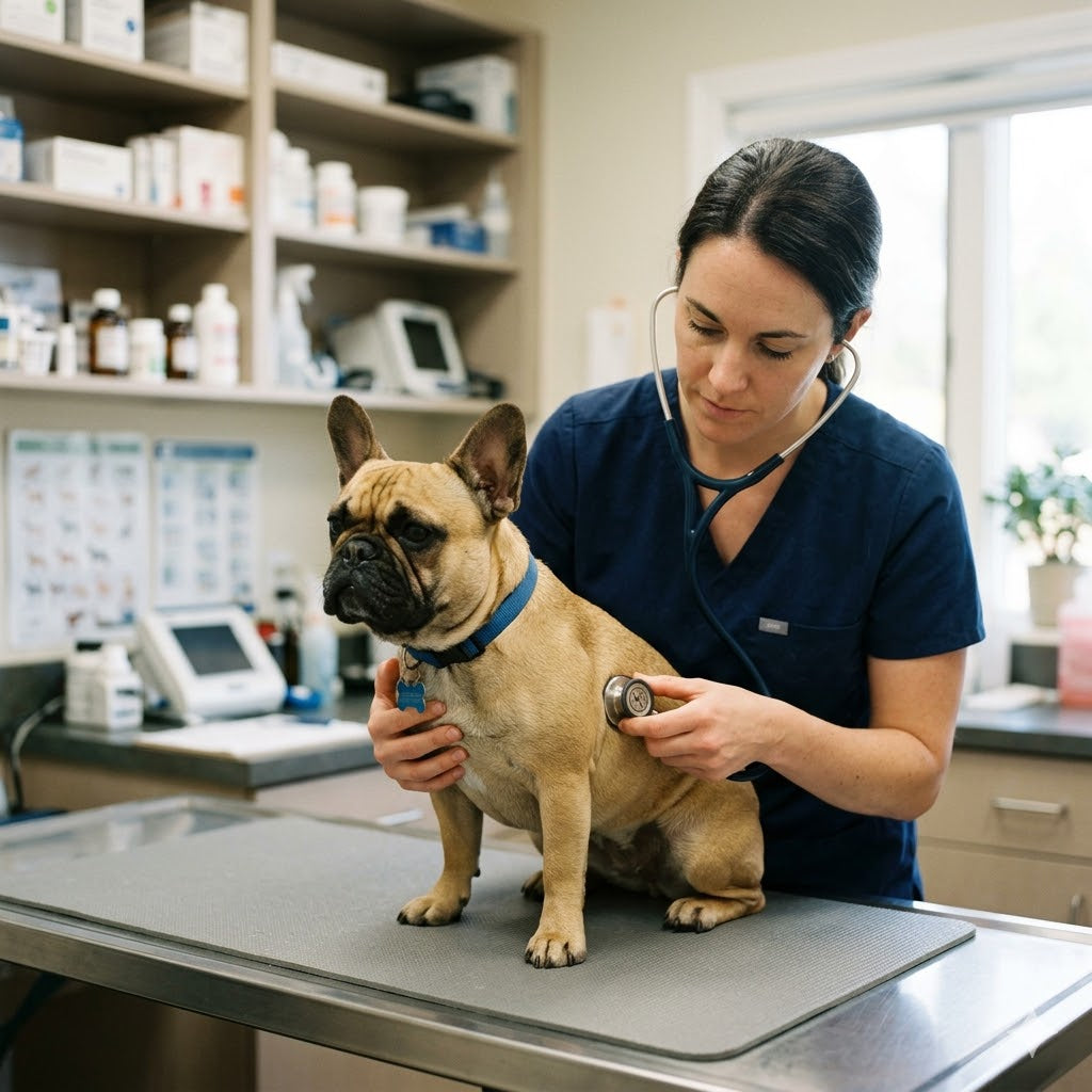 A veterinarian in blue scrubs listens to the chest of a fawn French Bulldog with a stethoscope. The dog is sitting on a metal exam table in a fully equipped veterinary clinic.