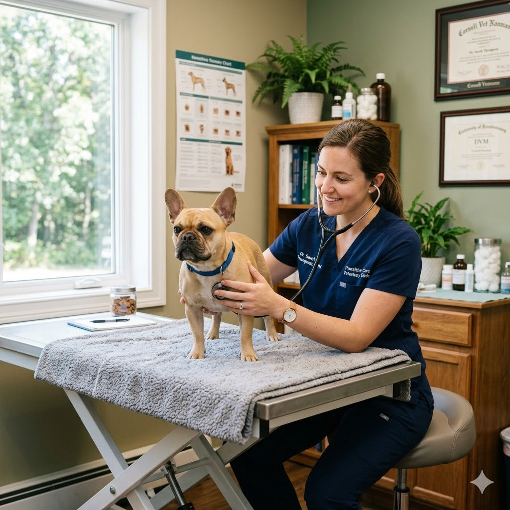 A smiling female veterinarian in navy blue scrubs sits on a stool and uses a stethoscope to examine a fawn French Bulldog.