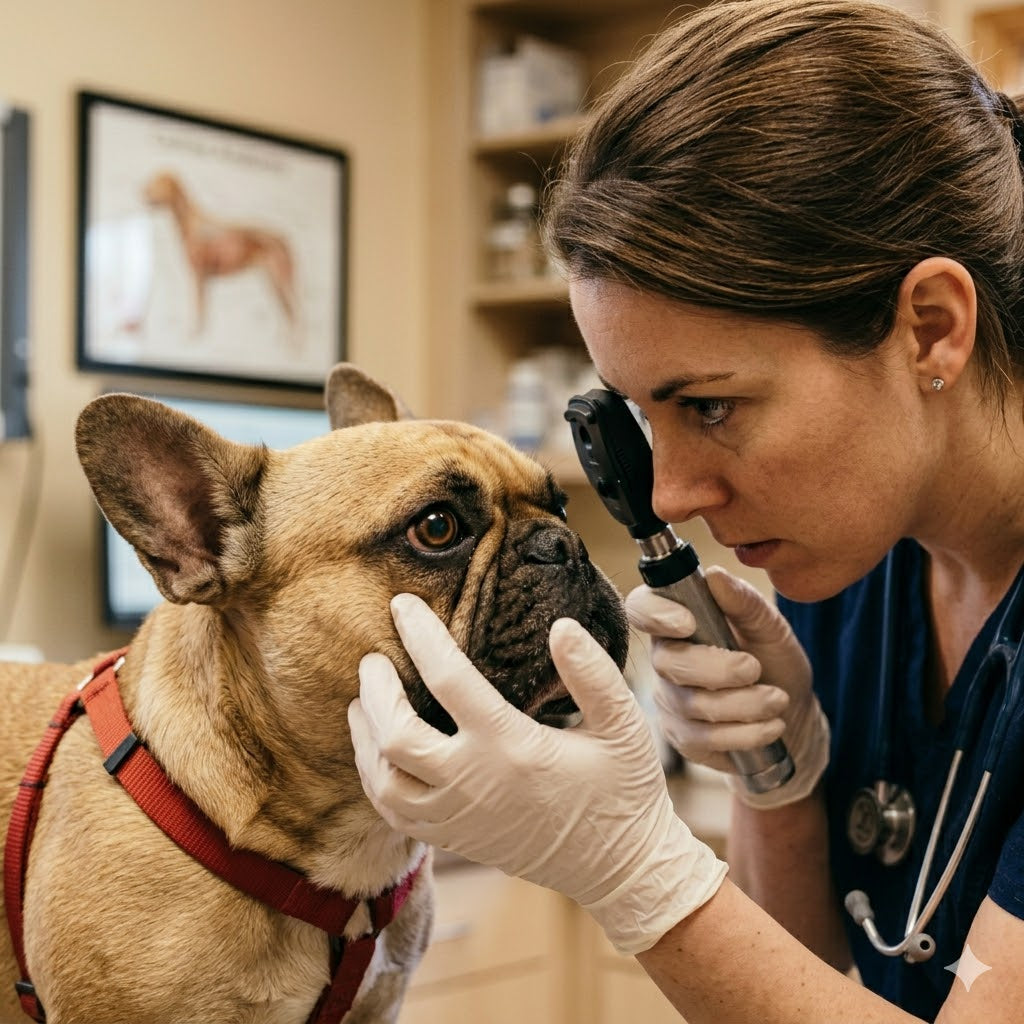 A close-up photograph of a female veterinarian, in blue scrubs and gloves, meticulously examining the eye of a fawn French Bulldog using an ophthalmoscope in a clean, well-lit clinic exam room.