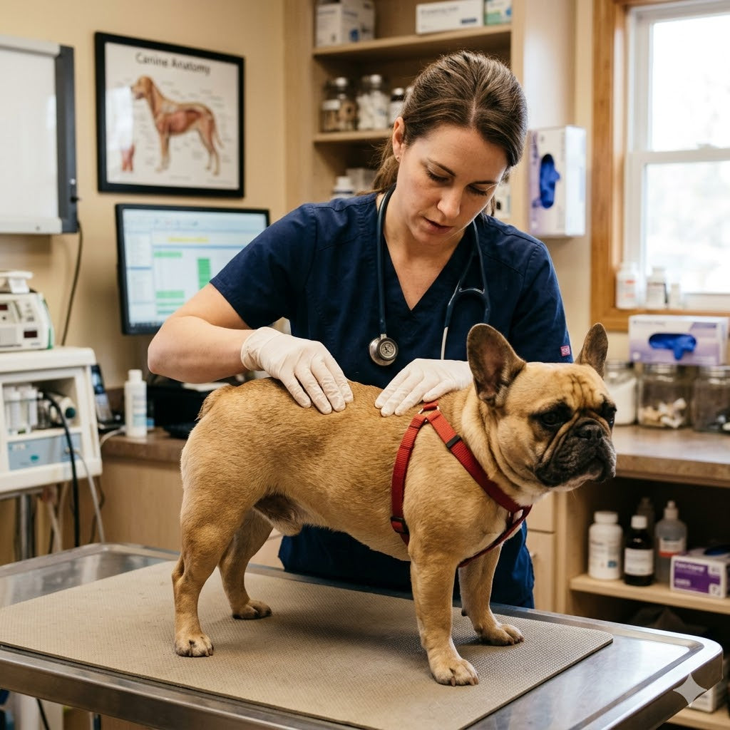 A female veterinarian in blue scrubs and white gloves palpating the spine of a tan French Bulldog wearing a red harness during an examination in a veterinary clinic.