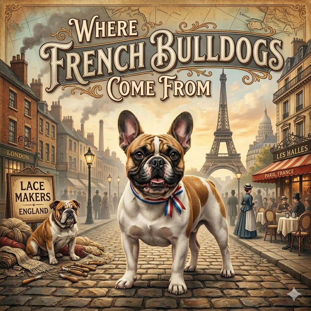 An illustrative period graphic titled at the top, "Where FRENCH BULLDOGS Come From". A central, fawn-and-white French Bulldog wearing a tricolor