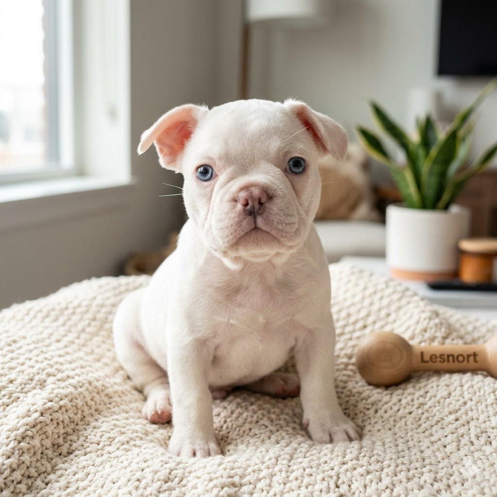 A high-quality 1:1 square photograph captures a young, all-white French Bulldog puppy with distinct, bright blue eyes.