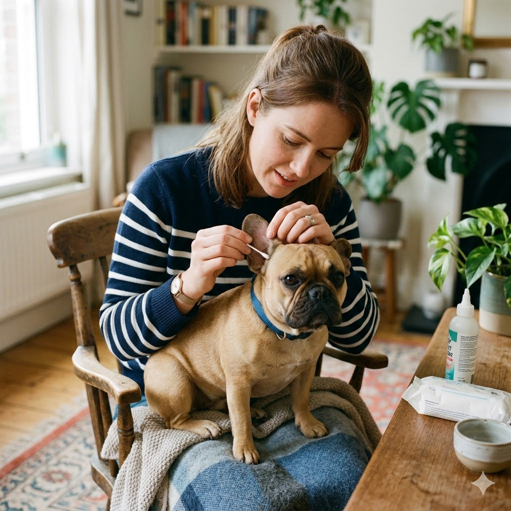 A woman in a navy and white striped sweater sits in a wooden chair, carefully cleaning the ear of a fawn-colored French Bulldog on her lap with a cotton swab.