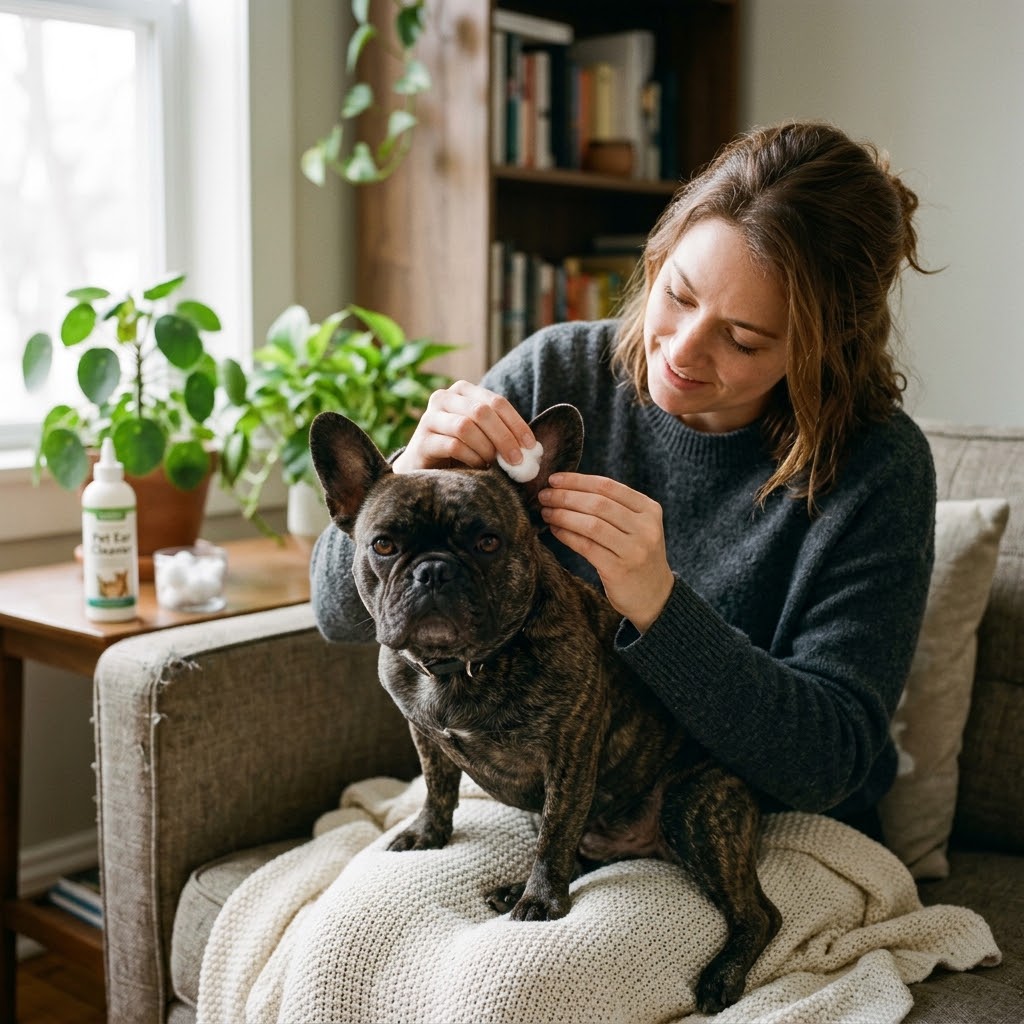 A woman in a grey sweater sits on a couch and gently cleans the ear of a brindle French Bulldog using a cotton ball.