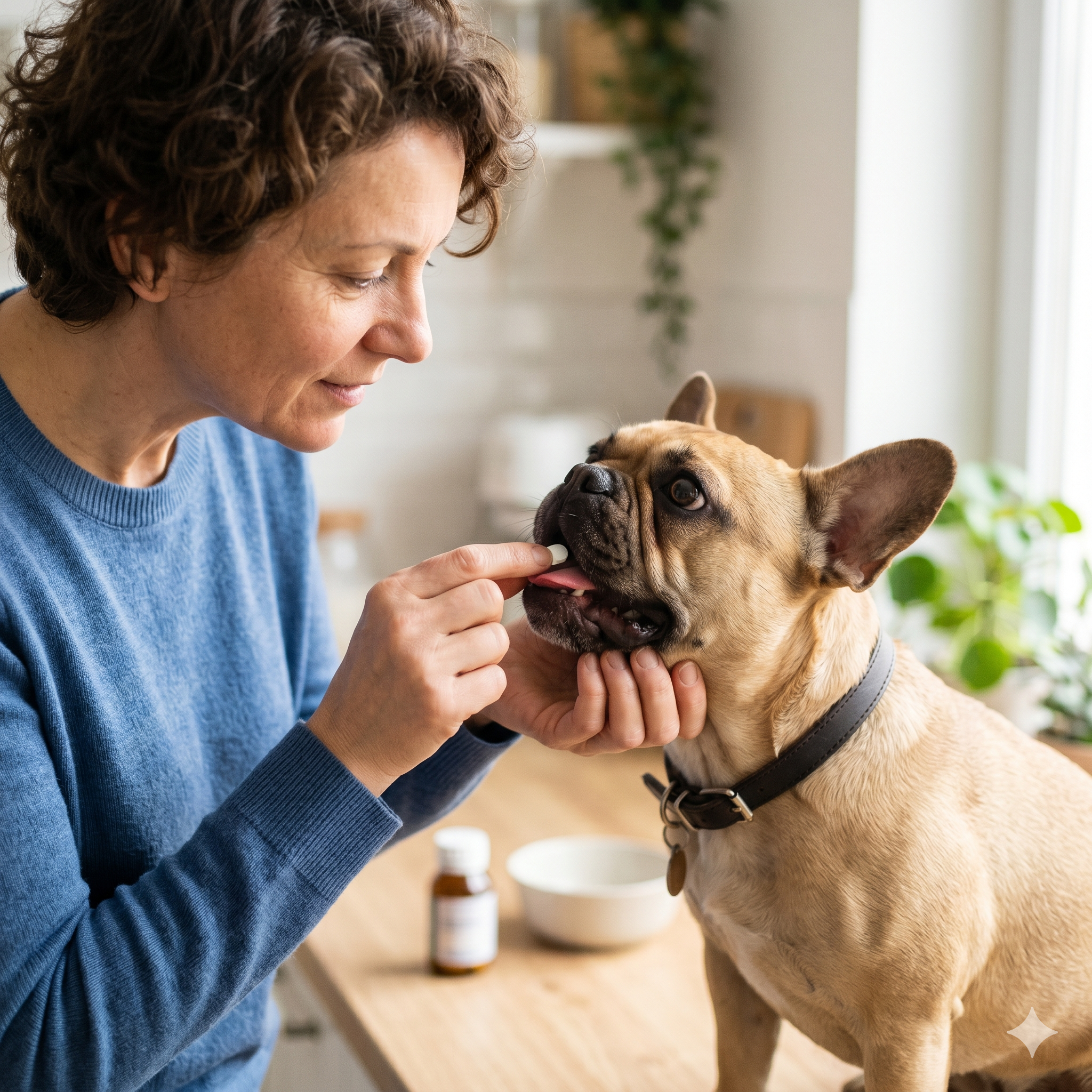 A woman with curly brown hair, wearing a blue sweater, sits in a bright, modern kitchen and gives a small white pill to her fawn French Bulldog. Her hand is near the dog's mouth, and the dog is looking up with its mouth open.