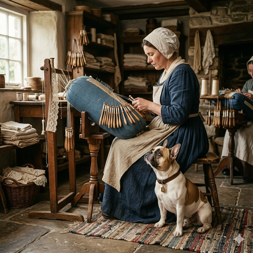 A period-costumed woman in a rustic workshop sits on a wooden stool making bobbin lace on a large blue pillow. A fawn and white French Bulldog sits on a woven rug beside her.