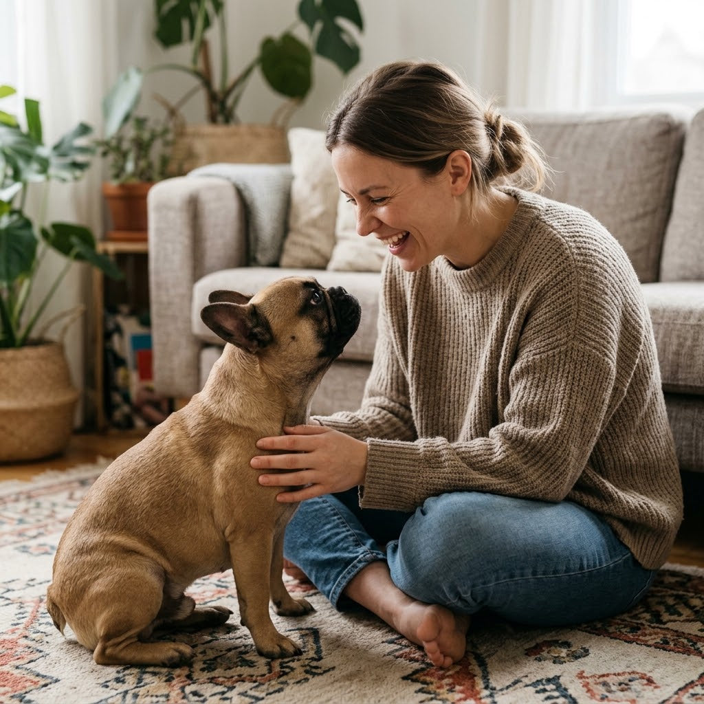 A candid, natural photo of a woman and her fawn-colored French Bulldog sharing a affectionate moment on the living room floor.