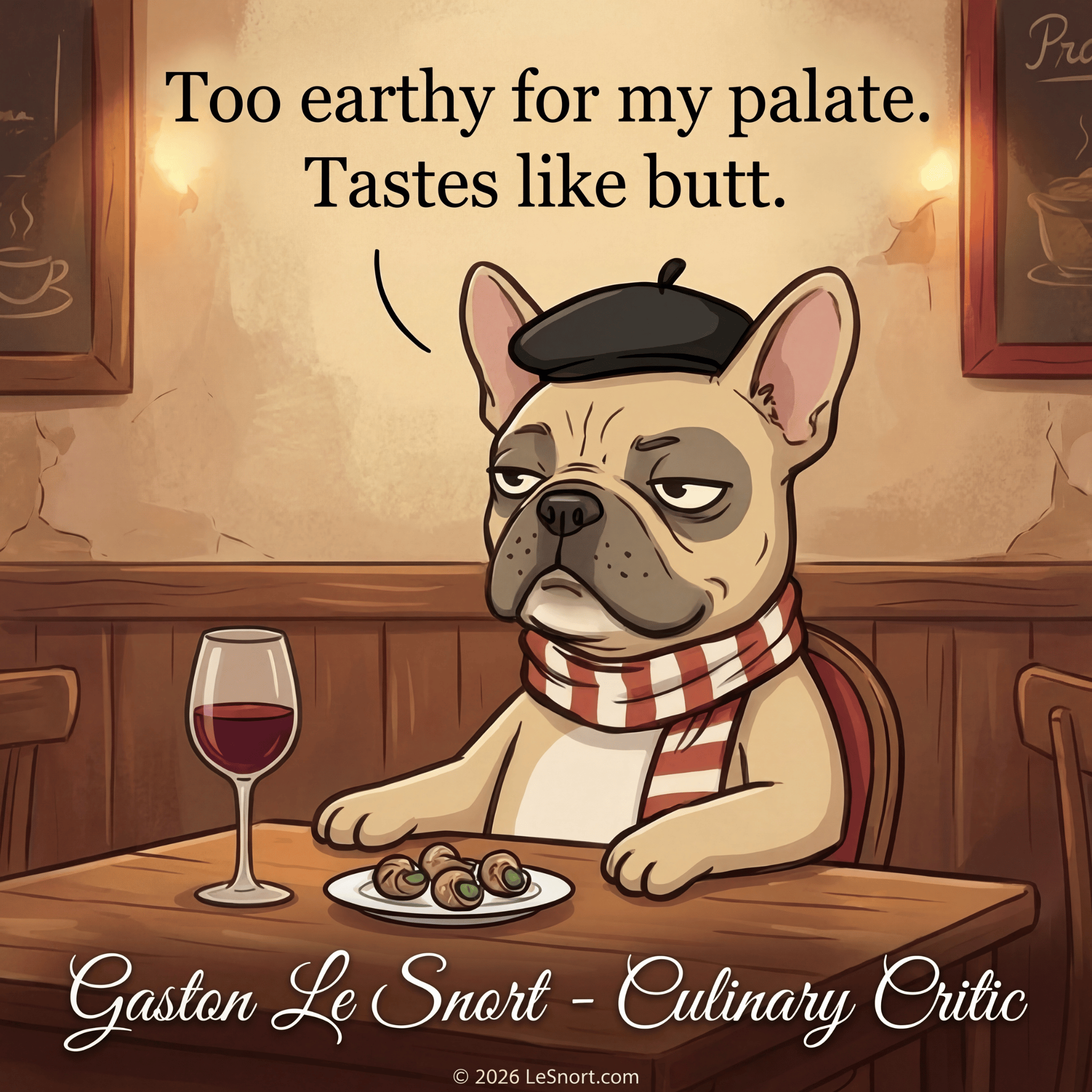 Lesnort - Gaston Le Snort - "Too Earthy" Snobby Frenchie Culinary Critic Tee