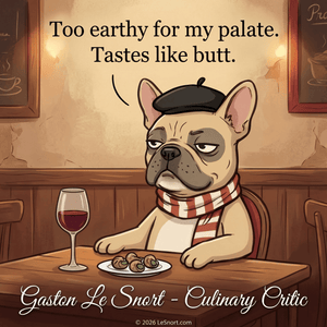 Lesnort - Gaston Le Snort - "Too Earthy" Snobby Frenchie Culinary Critic Tee