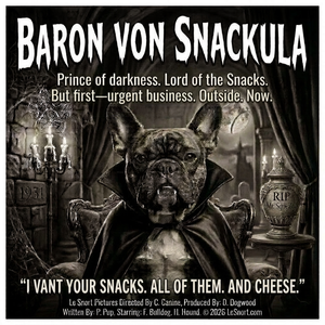 Dog in a Halloween-themed costume with text about 'Baron von Snackula' in a dark, gothic setting.